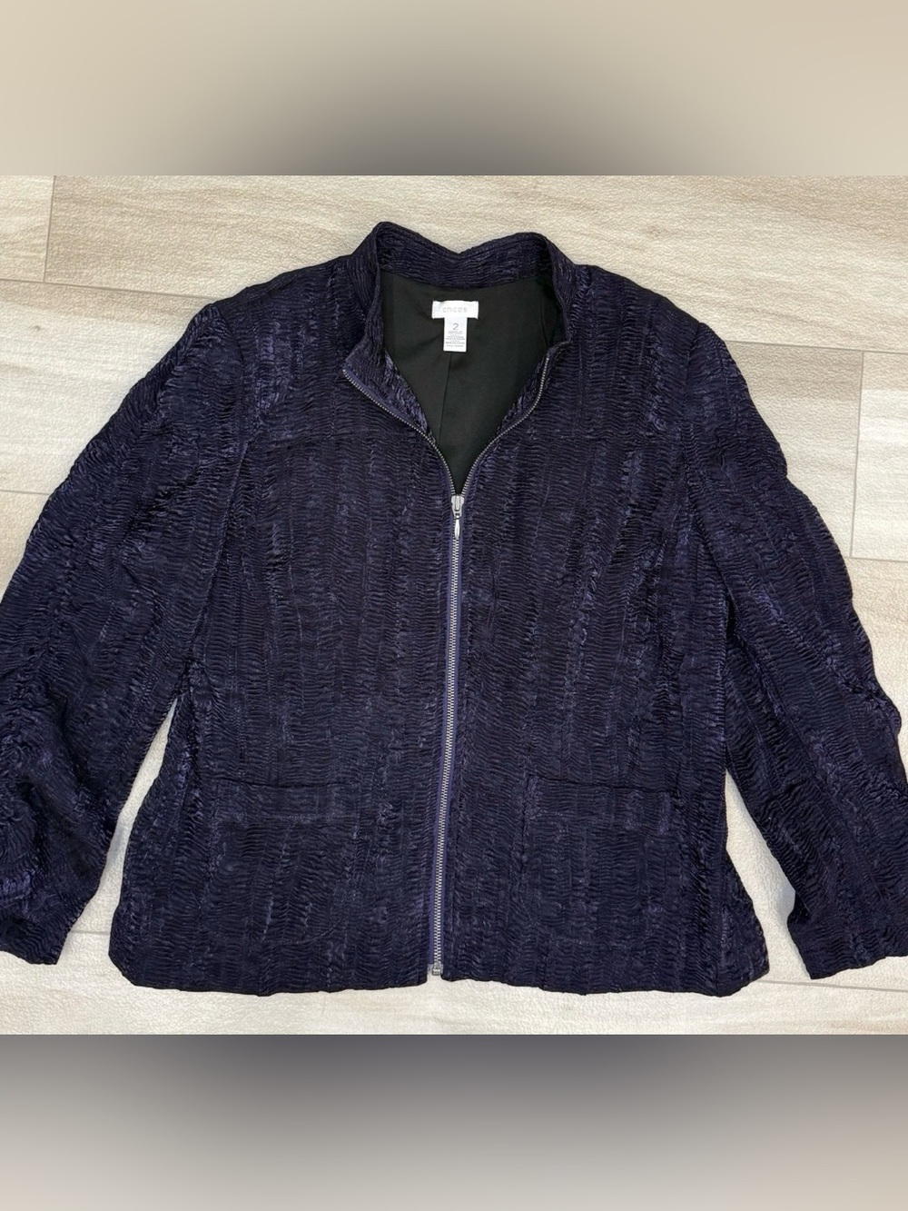 Chico's Size Sz L (2) Jacket Deep Purple Crinkled Ruched Full Zip Pockets
